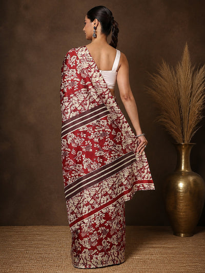 Indiehaat | Kashmiri Silk Printed Saree Deep Red & Cream