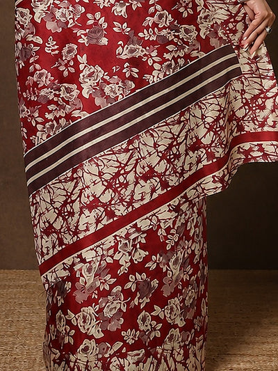 Indiehaat | Kashmiri Silk Printed Saree Deep Red & Cream