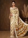 White Kashmiri Silk printed saree with an all-over olive and mustard leaf print and a wide striped end-panel of olive-green, mustard-yellow, brown and white, with a narrow textured border.