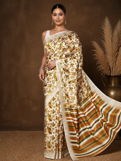 Mustard & Olive Striped Kashmiri Silk Printed Saree | Patjhad