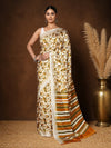 Indiehaat | Kashmiri Silk Printed Saree White & Mustard Y