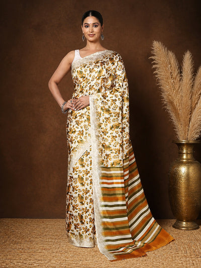 Indiehaat | Kashmiri Silk Printed Saree White & Mustard Y