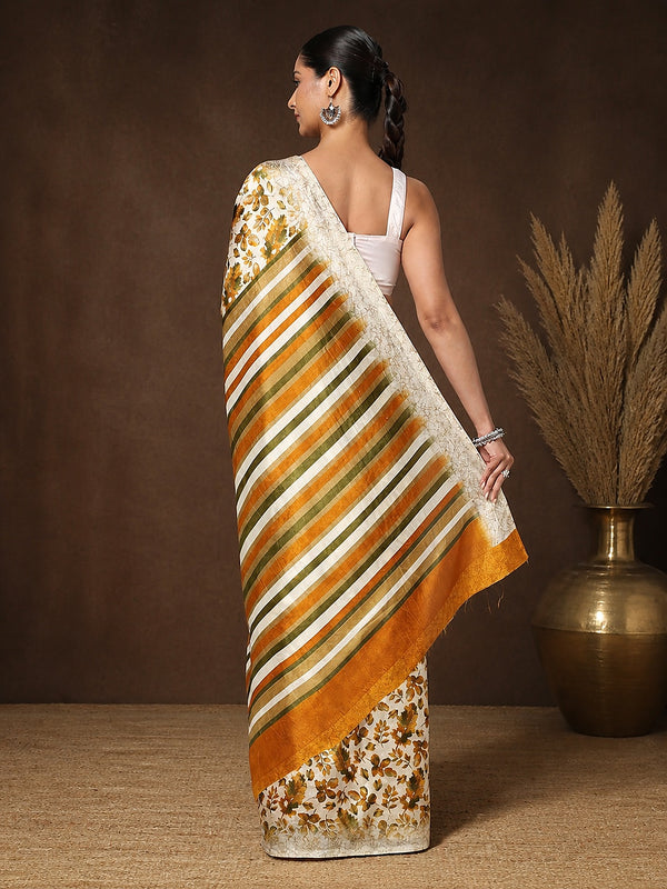 Indiehaat | Kashmiri Silk Printed Saree White & Mustard Y
