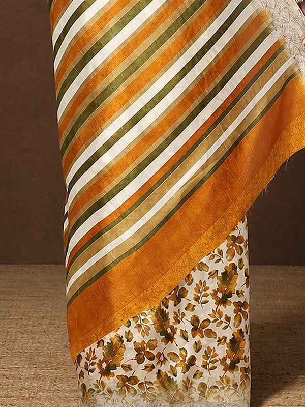 Indiehaat | Kashmiri Silk Printed Saree White & Mustard Y