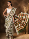 White, green and orange floral printed Kashmiri Silk saree with an olive, burnt orange and cream striped pallu.