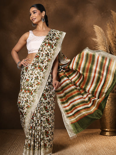 Green & Orange Floral Kashmiri Silk Saree, Striped | Kyaari