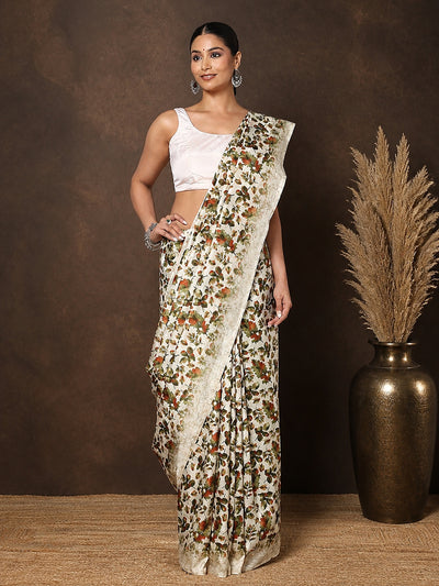 Indiehaat | Kashmiri Silk Printed Saree White & Green