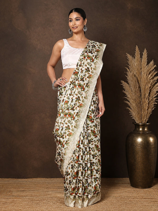 Indiehaat | Kashmiri Silk Printed Saree White & Green