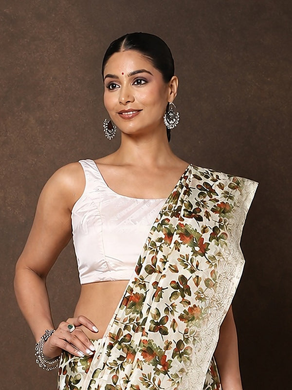 Indiehaat | Kashmiri Silk Printed Saree White & Green