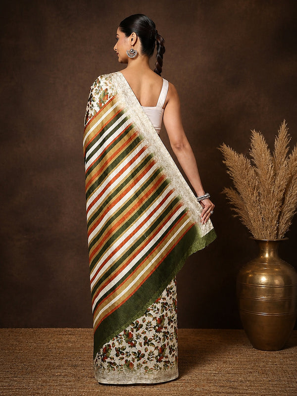 Indiehaat | Kashmiri Silk Printed Saree White & Green