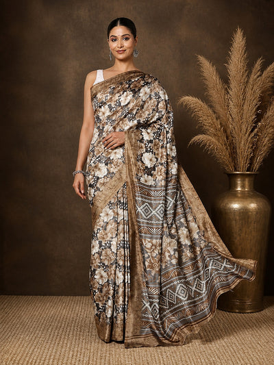 Taupe Floral Kashmiri Silk Saree, Panelled Pallu | Kyaari
