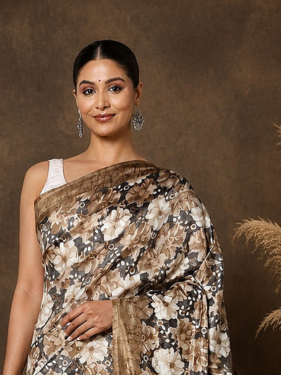 Indiehaat | Kashmiri Silk Printed Saree Taupe & Brown