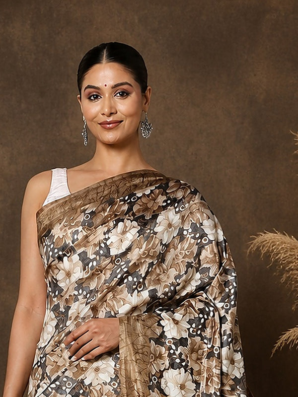 Indiehaat | Kashmiri Silk Printed Saree Taupe & Brown