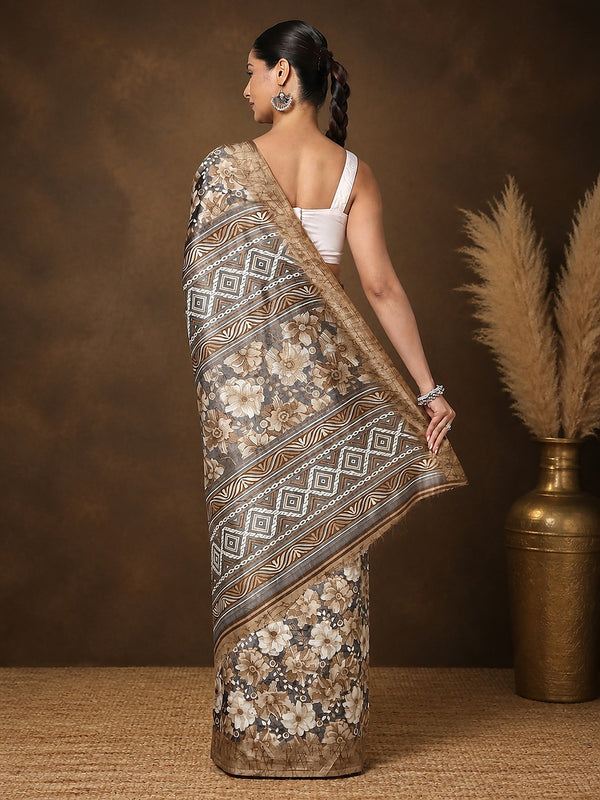 Indiehaat | Kashmiri Silk Printed Saree Taupe & Brown