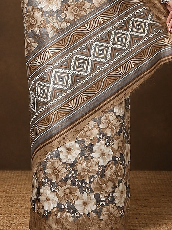 Indiehaat | Kashmiri Silk Printed Saree Taupe & Brown