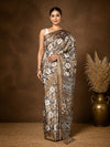 Indiehaat | Kashmiri Silk Printed Saree Taupe & Brown