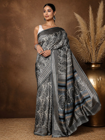Grey Paisley Kashmiri Silk Saree, Striped Pallu | Taal