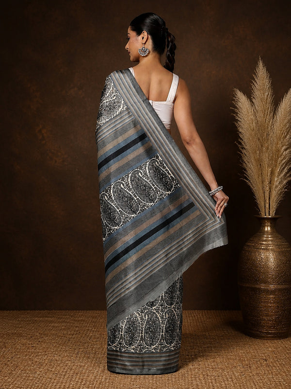 Indiehaat | Kashmiri Silk Printed Saree Grey & Black