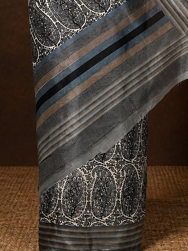 Indiehaat | Kashmiri Silk Printed Saree Grey & Black