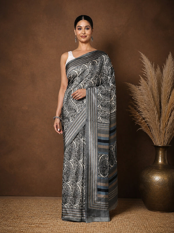 Indiehaat | Kashmiri Silk Printed Saree Grey & Black