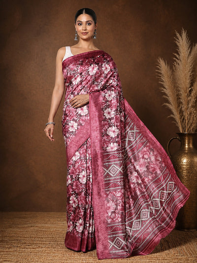 Maroon Floral Kashmiri Silk Saree, Geometric Border | Kyaari