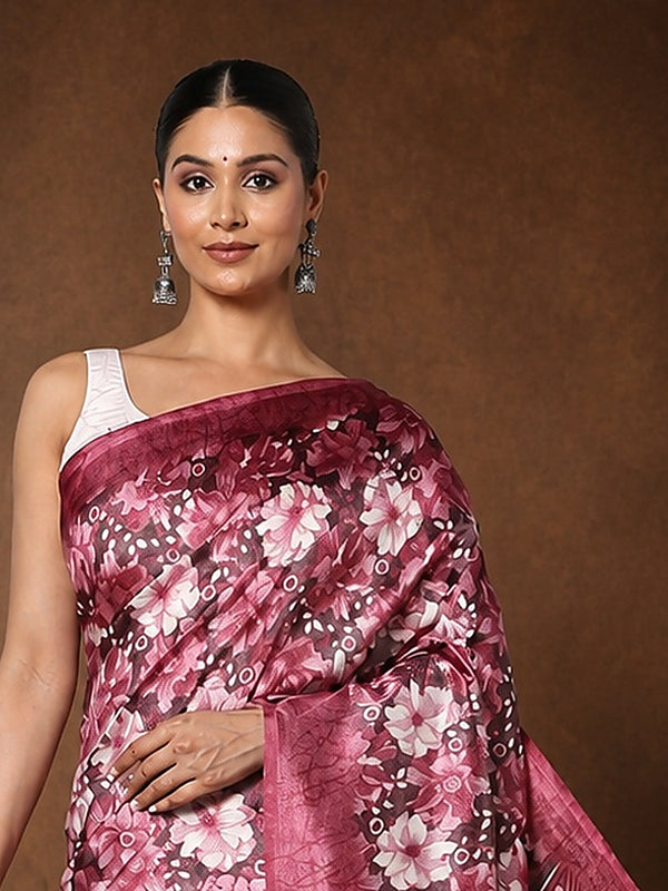 Indiehaat | Kashmiri Silk Printed Saree Maroon & Deep Pink