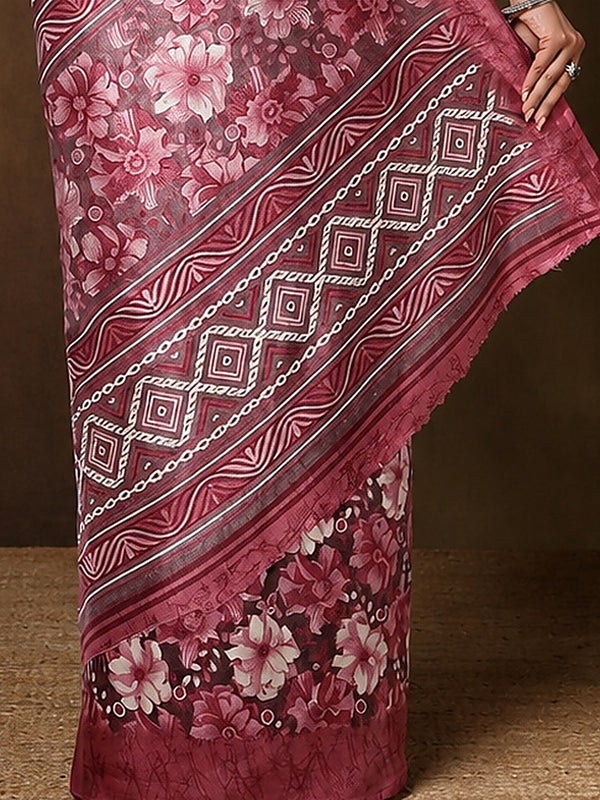 Indiehaat | Kashmiri Silk Printed Saree Maroon & Deep Pink