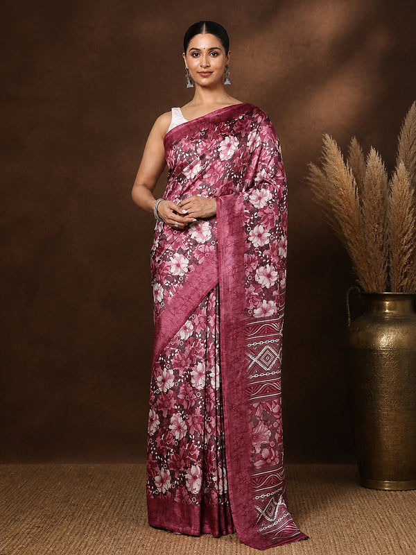 Indiehaat | Kashmiri Silk Printed Saree Maroon & Deep Pink