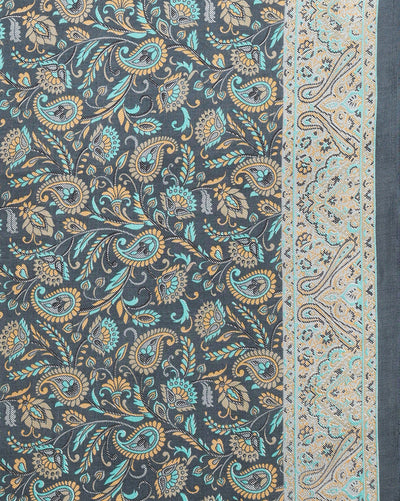 Indiehaat | Kashmiri Silk Printed Saree Dark Grey & Teal 