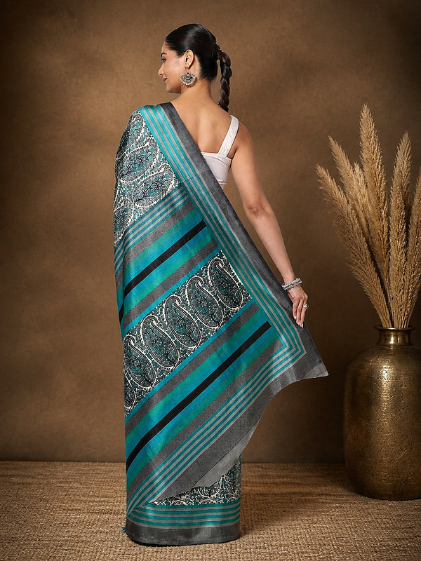 Indiehaat | Kashmiri Silk Printed Saree White & Teal