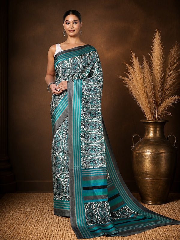 Indiehaat | Kashmiri Silk Printed Saree White & Teal