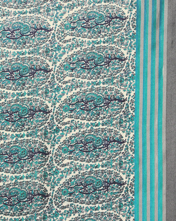 Indiehaat | Kashmiri Silk Printed Saree White & Teal