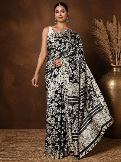 Black & Beige Floral Kashmiri Silk Printed Saree | Kyaari
