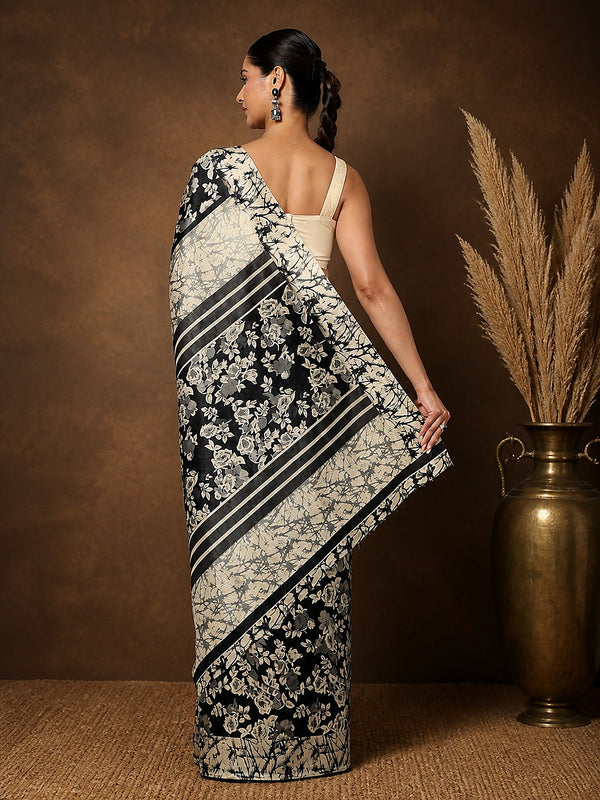 Indiehaat | Kashmiri Silk Printed Saree Black & Beige