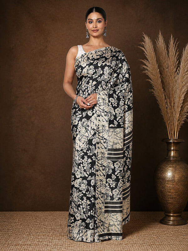 Indiehaat | Kashmiri Silk Printed Saree Black & Beige