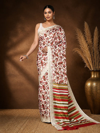 Off White Floral Kashmiri Silk Saree, Striped Pallu | Kyaari