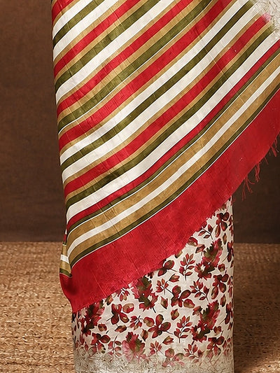 Indiehaat | Kashmiri Silk Printed Saree Off-White & Red
