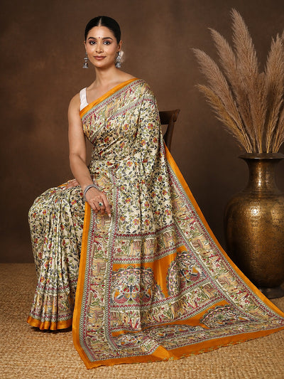 Off White & Mustard Figurative Printed Kashmiri Silk Saree | Manzar
