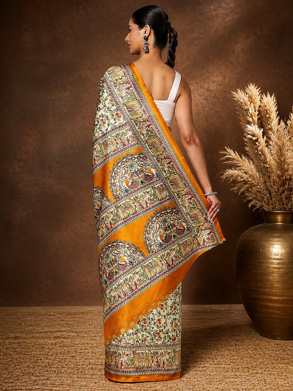 Indiehaat | Kashmiri Silk Printed Saree Off-White & Musta