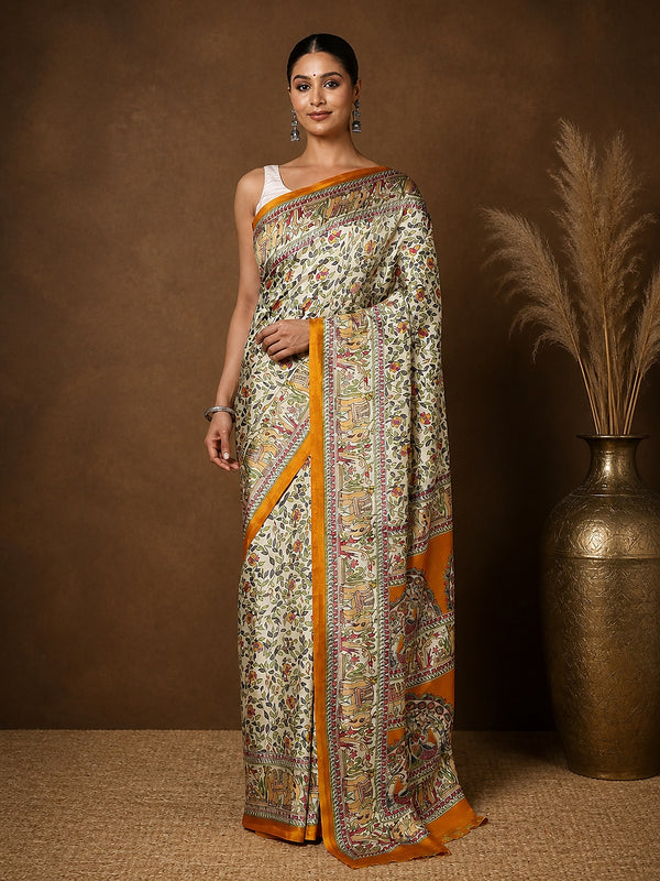 Indiehaat | Kashmiri Silk Printed Saree Off-White & Musta