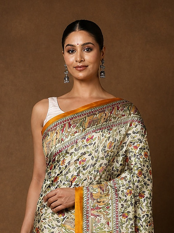 Indiehaat | Kashmiri Silk Printed Saree Off-White & Musta