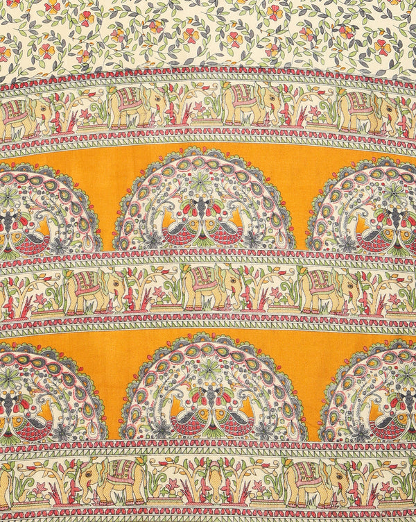Indiehaat | Kashmiri Silk Printed Saree Off-White & Musta