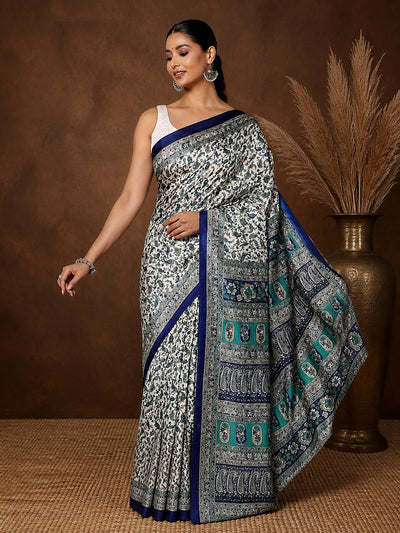 White & Blue Paisley Kashmiri Silk Printed Saree | Manzil
