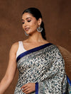 Indiehaat | Kashmiri Silk Printed Saree White & Dark Blue