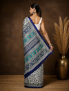 Indiehaat | Kashmiri Silk Printed Saree White & Dark Blue