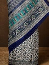 Indiehaat | Kashmiri Silk Printed Saree White & Dark Blue
