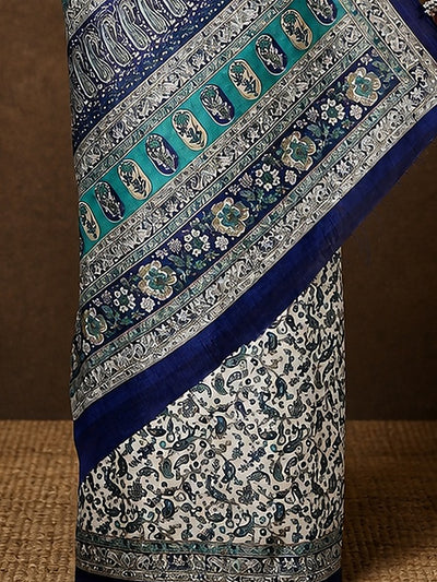 Indiehaat | Kashmiri Silk Printed Saree White & Dark Blue