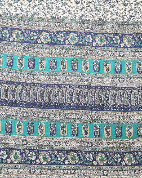 Indiehaat | Kashmiri Silk Printed Saree White & Dark Blue