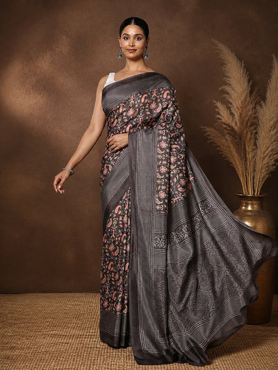 Grey Floral Paisley Printed Kashmiri Silk Saree | Silsila