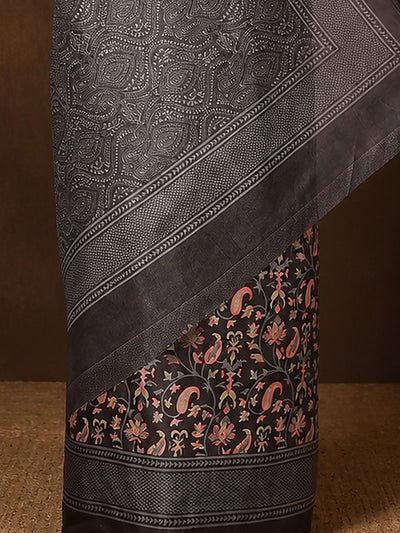 Indiehaat | Kashmiri Silk Printed Saree Dark Grey & Charcoal
